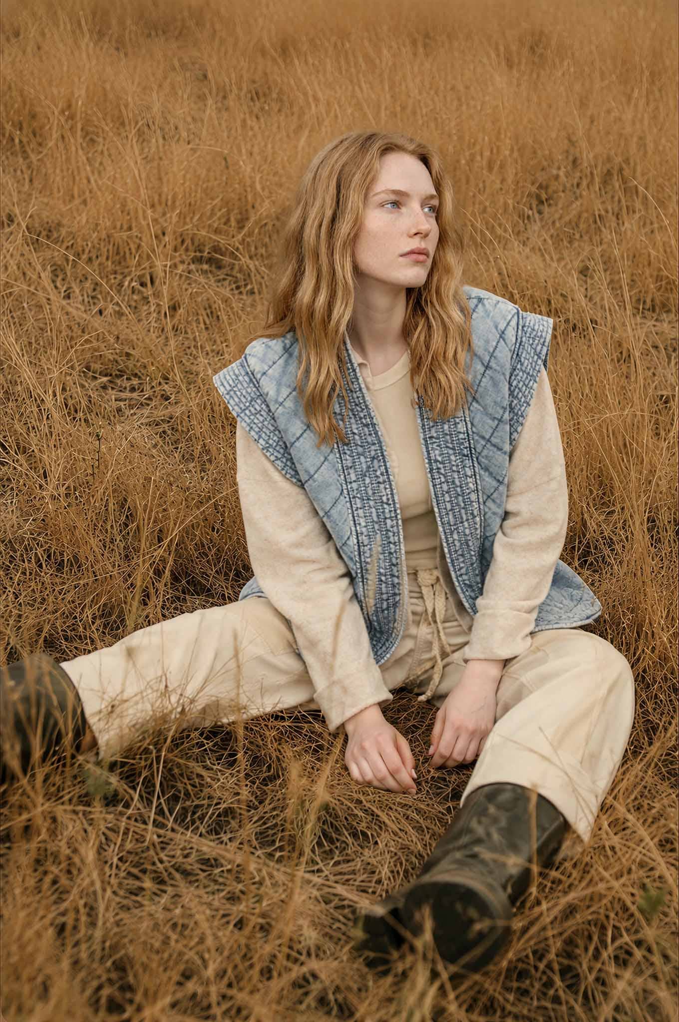 WASHED DENIM QUILTED SHAWL VEST : DENIM
