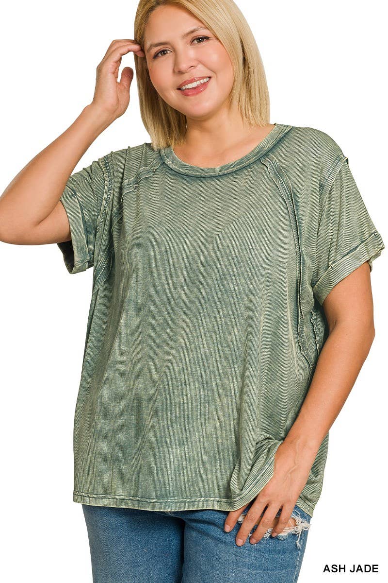 Plus Washed Ribbed Cuffed Short Sleeve R-neck Top: ASH JADE