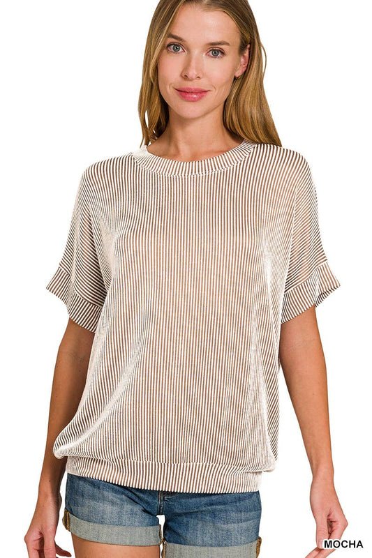 Corded Rib Short Sleeve Top: MOCHA