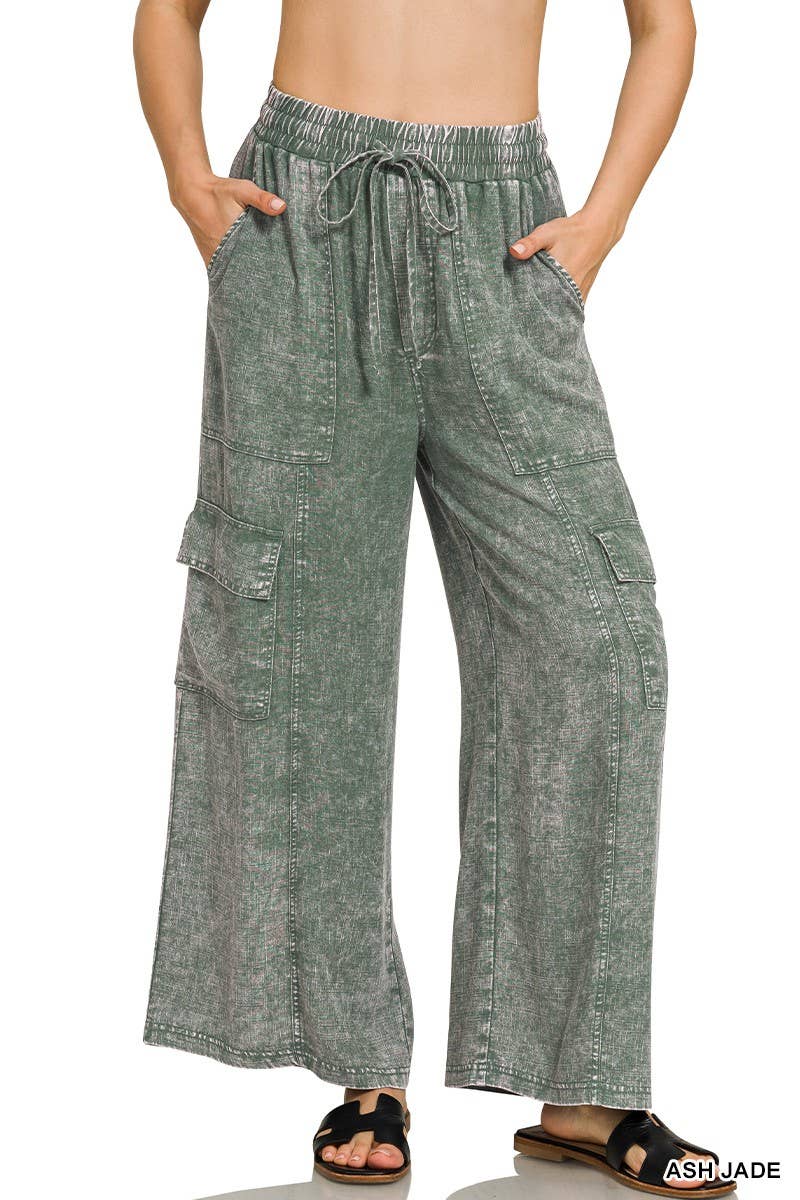 Elaine Washed Linen Elastic Band Waist Cargo Pants: ASH JADE