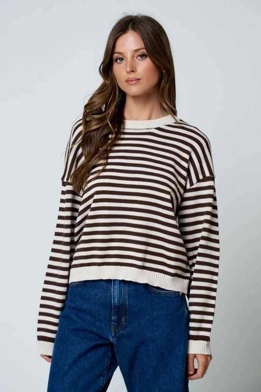 STRIPE RELAXED BACK BUTTON DETAIL KNIT SWEATER: OATMEAL