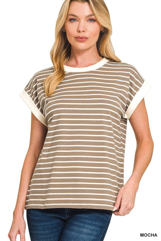Contrast Trim Cap Sleeve Stripe Tee: MOCHA