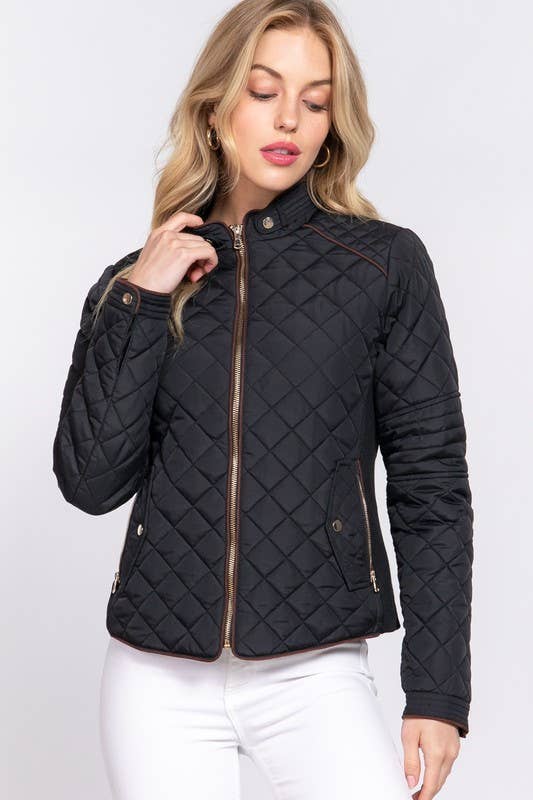 Hollie Rib Quilted Padding Jacket: BLACK