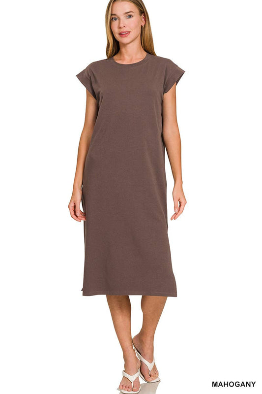 Round Neck Short Sleeve Midi Dress: MAHOGANY