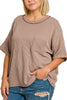 Plus Raised Rib Short Sleeve Front Pocket Top: MOCHA