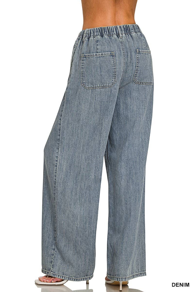 Wide Leg Drawstring Elastic Waistband Denim Pants: DENIM