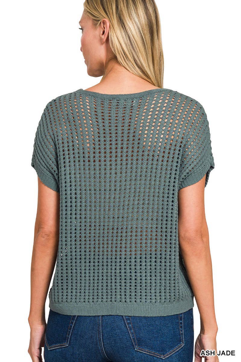 Viscose Crochet Knit Sheer Hollow Sweater: BROWN