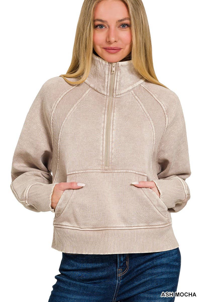 Acid Washed Half Zip Fleece Pullover Kangaroo Pocket: ASH MOCHA
