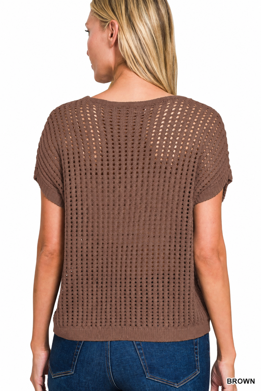 Viscose Crochet Knit Sheer Hollow Sweater: BROWN