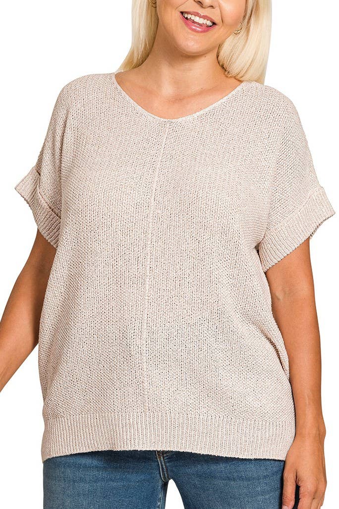 Plus Center Seam Short Sleeve Sweater: H MOCHA