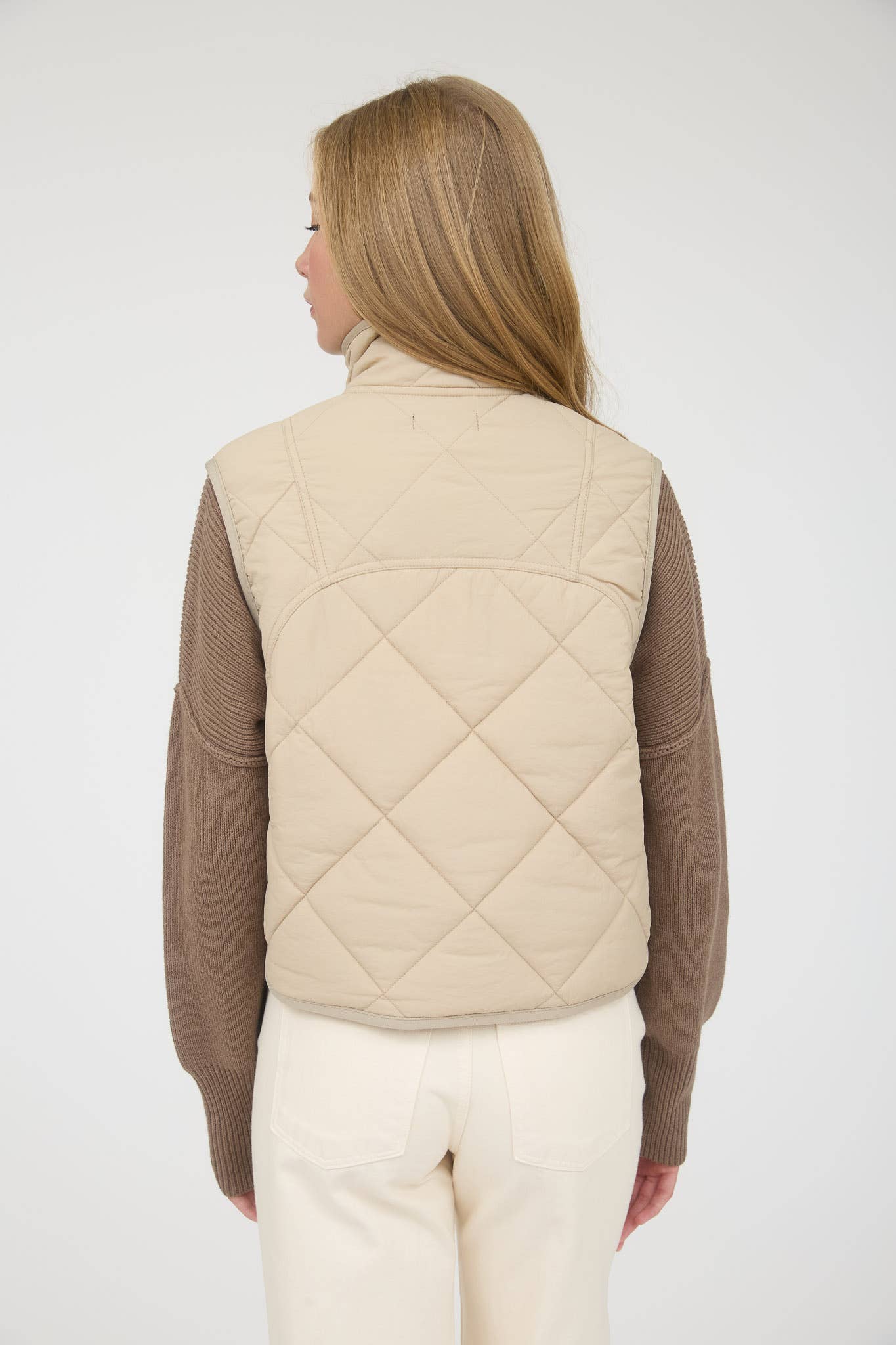 SNAP BUTTON QUILTED PUFFER VEST : KHAKI