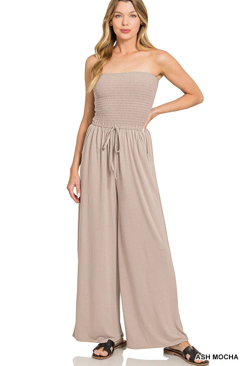 Smocked Tube Top Jumpsuit: ASH MOCHA