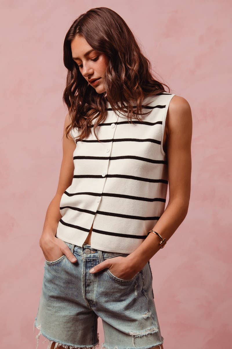 Button Front Stripe Fine Sweater Sleeveless Top: OFF WHITE/BLACK