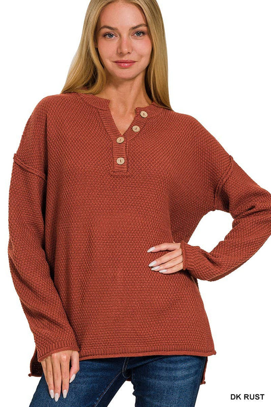 Henley Neckline Basic Sweater: DK RUST