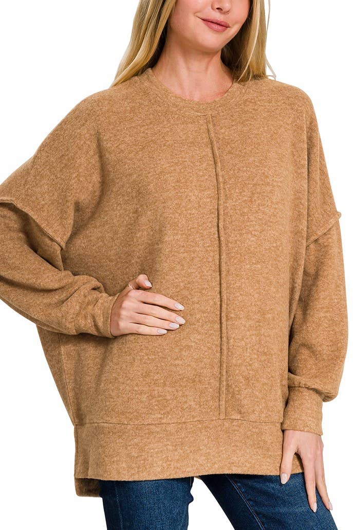 Brushed Melange Hacci Oversized Sweater: DEEP CAMEL