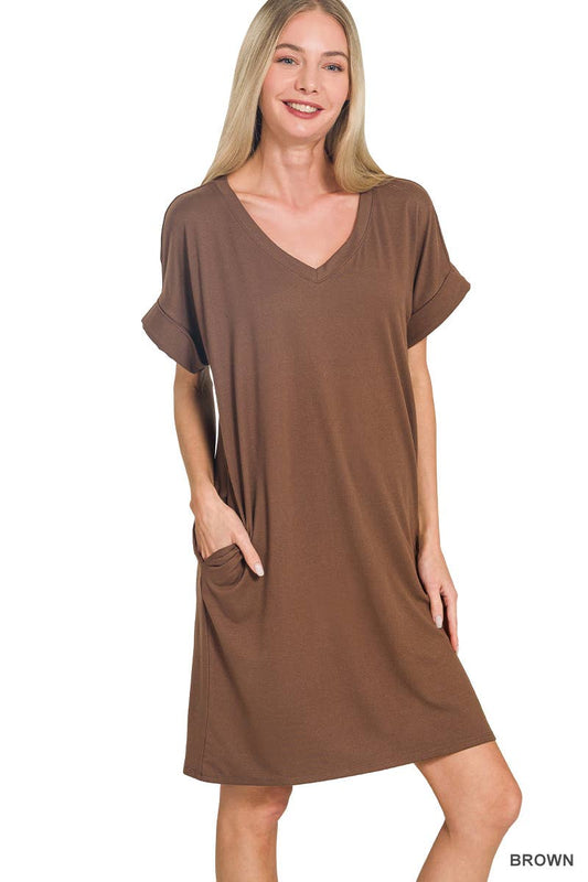 Brushed Dty Rolled Short Sleeve V-neck Dress: BROWN