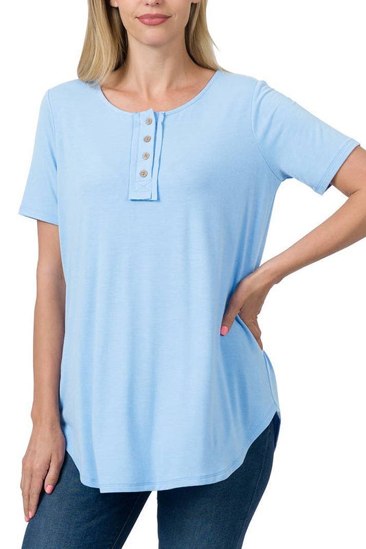 Short Sleeve Button Down Top: SPRING BLUE