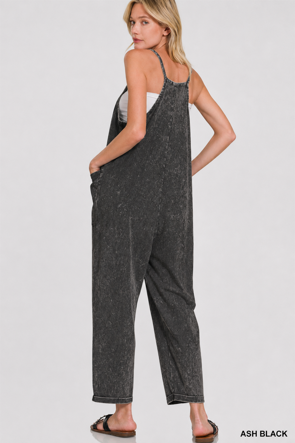 Washed Spaghetti Straps Overalls With Pockets: ASH BLACK