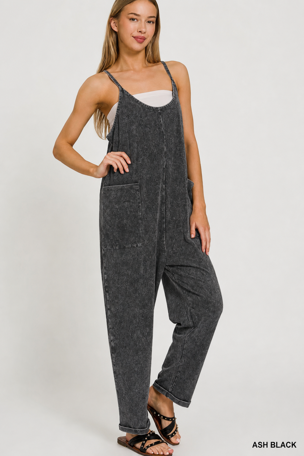Washed Spaghetti Straps Overalls With Pockets: ASH BLACK