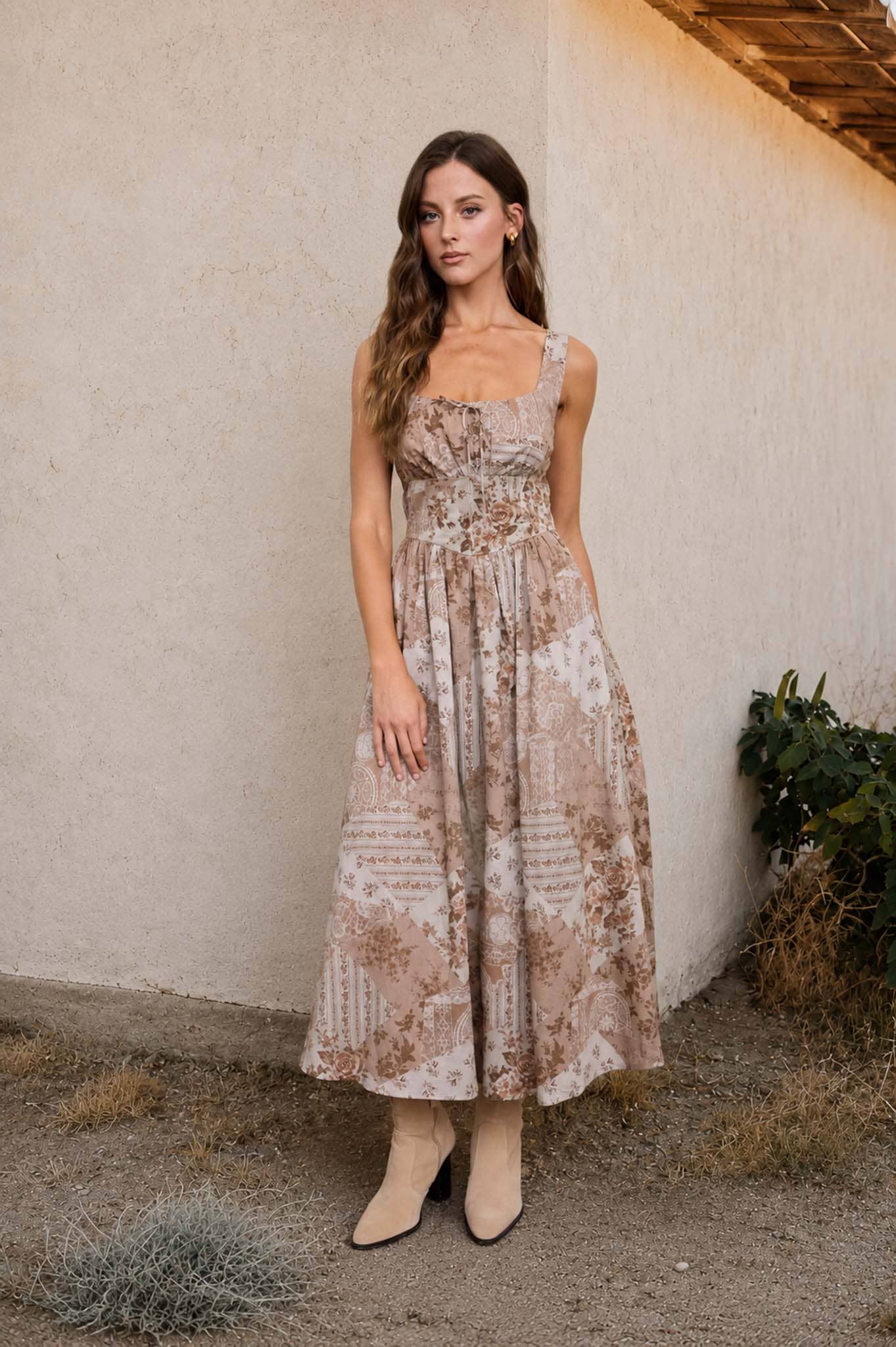 MULTI-PATTERN SLEEVELESS CORSET MIDI DRESS : TAUPE