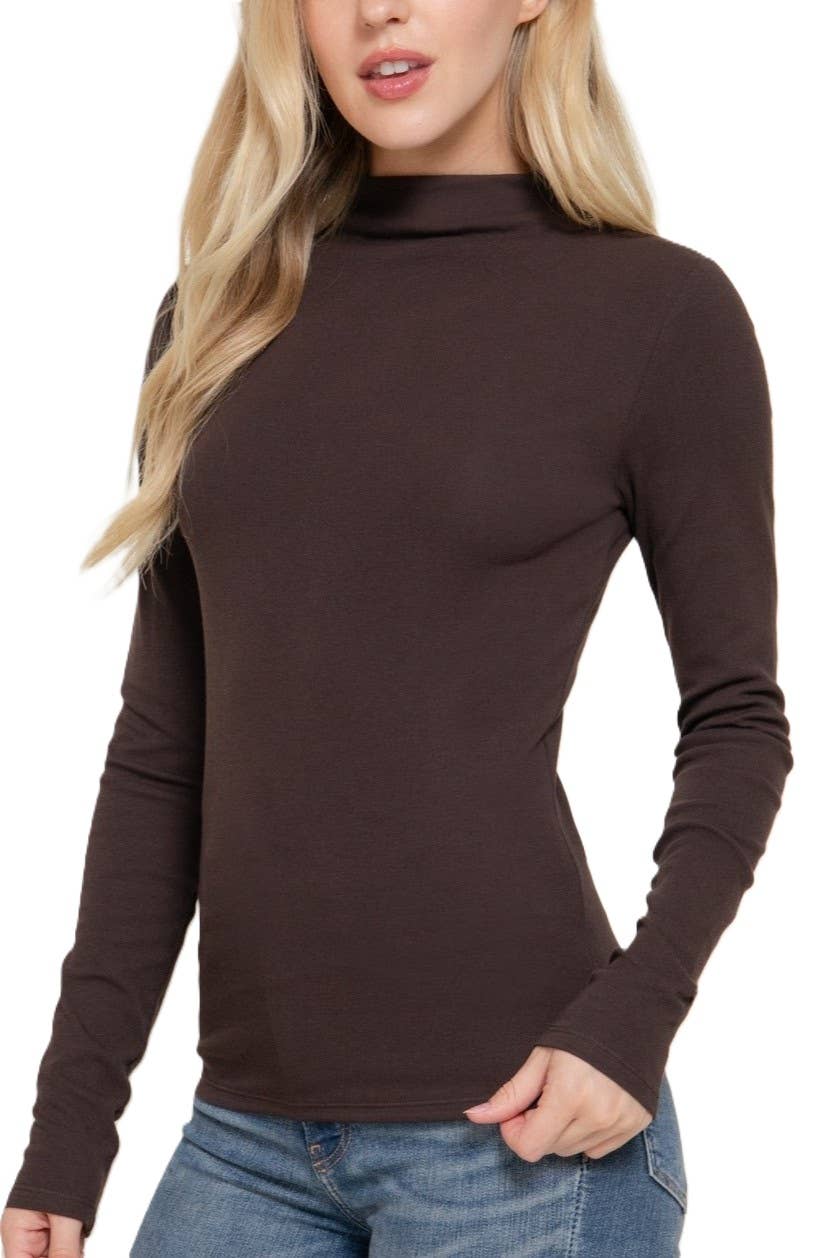 Long Slv High Neck Rib Knit Top: CHOCOLATE