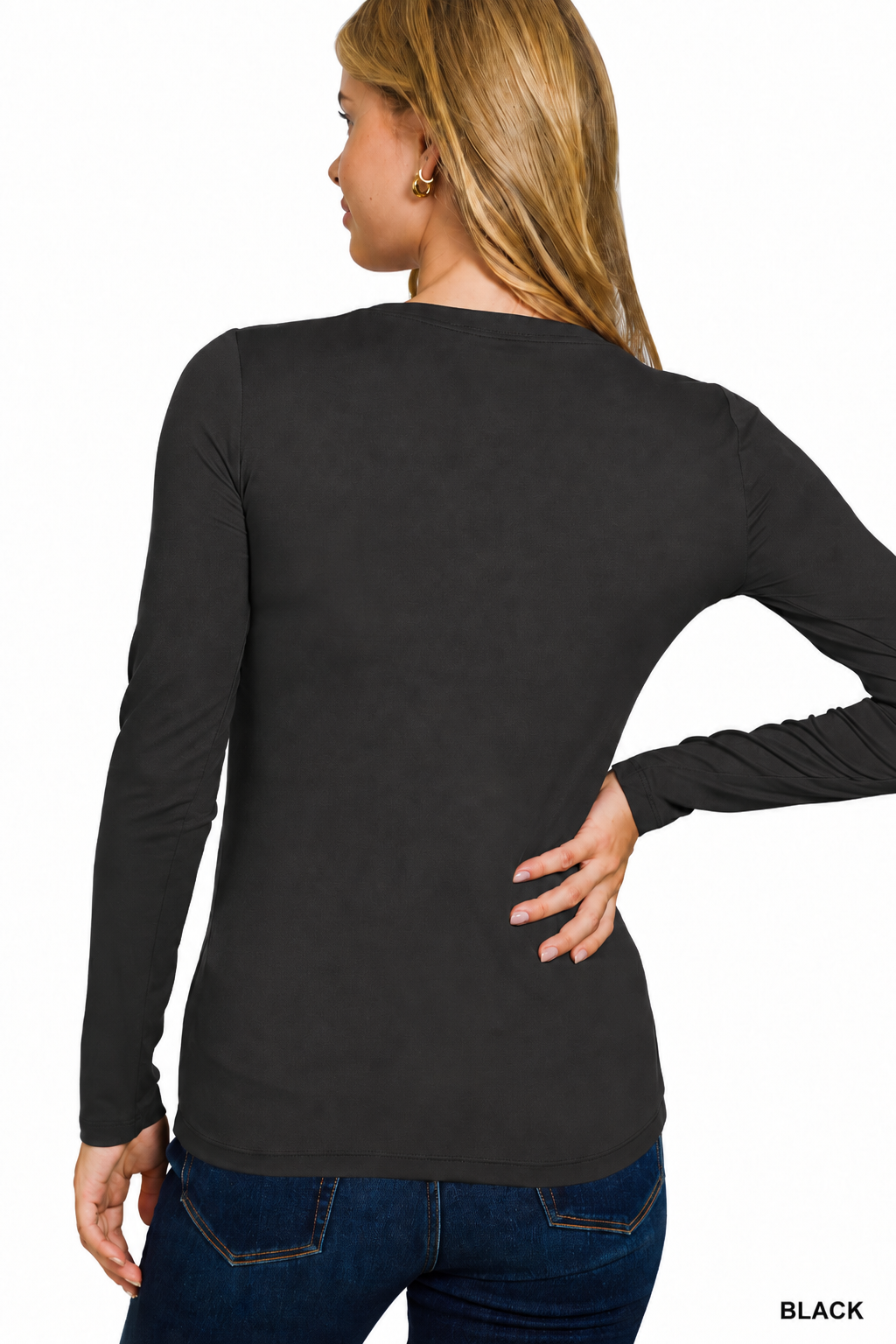 Brushed Long Sleeve Round Neck Tee: BLACK