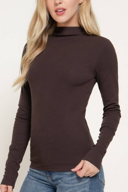 Long Slv High Neck Rib Knit Top: CHOCOLATE