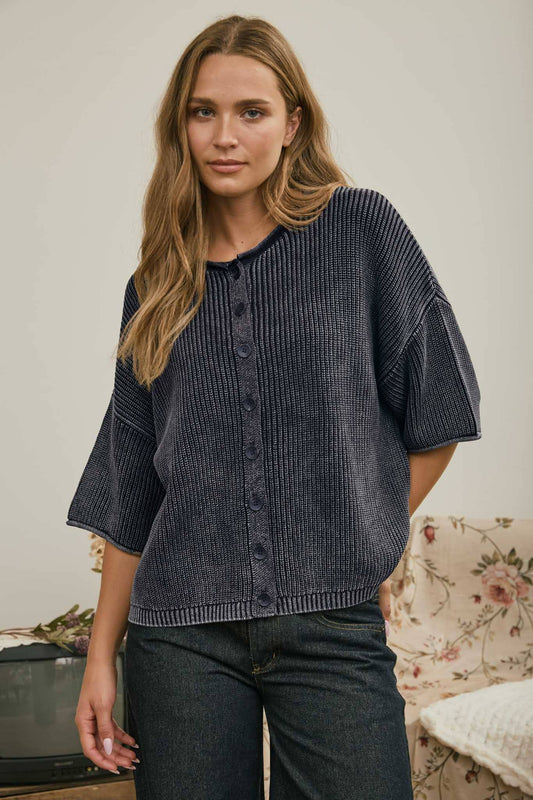 WASHED RIBBED SHORT SLEEVE ROLLED EDGE CARDIGAN: NAVY