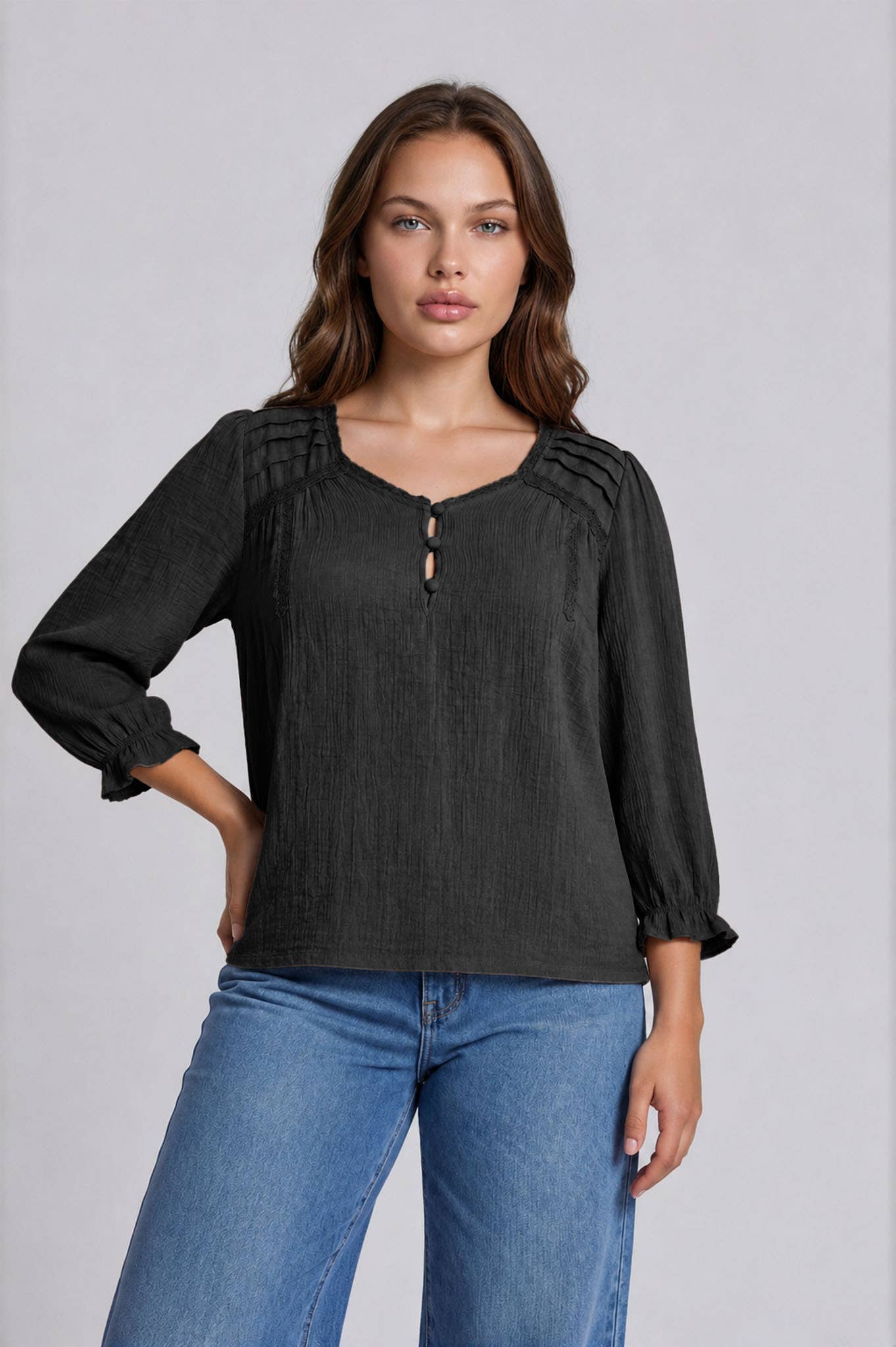 PLUS CROCHET TRIM V-NECK 3/4 SLEEVE HENLEY TOP: BLACK