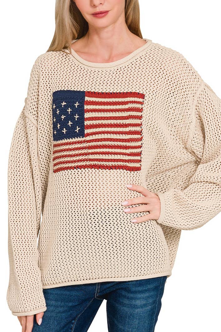 American Flag Crew Neck Sweater: SAND BEIGE