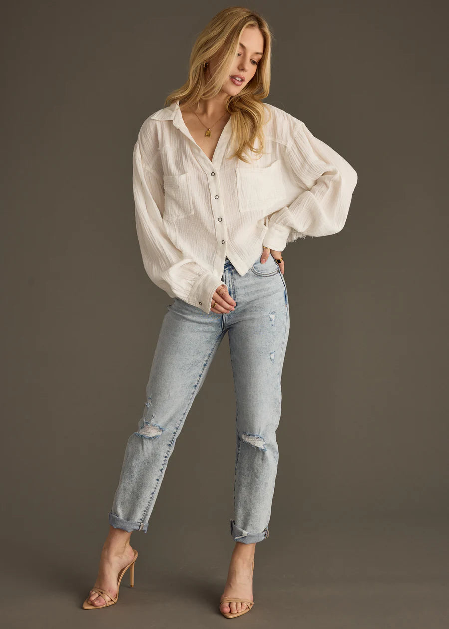 White Oversized Cropped Button Up Shirt