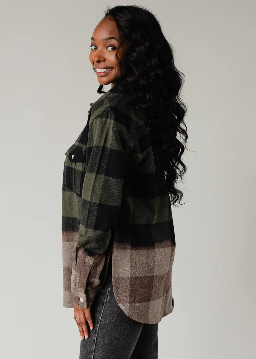 Dark Green Bleach Dipped Flannel