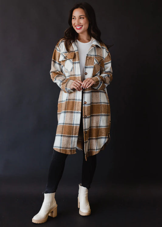 Tan Plaid Long Shacket