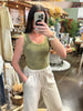 Washed Ribbed Scoop Neck Tank Top: OLIVE