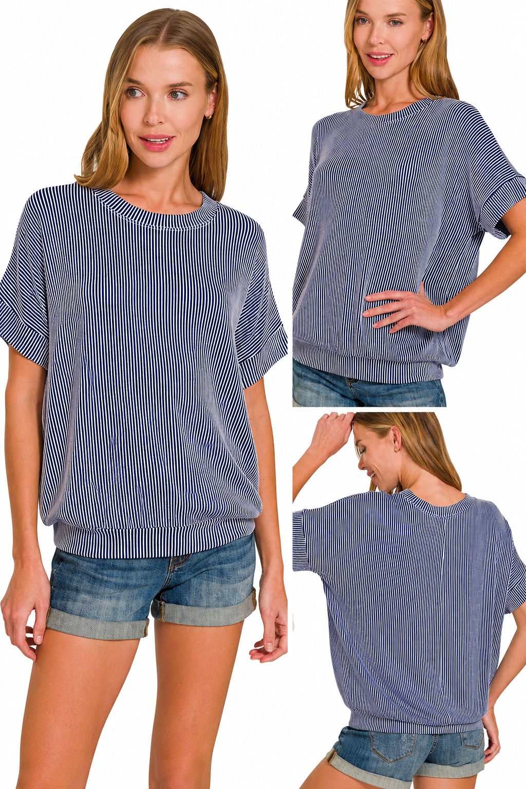 Corded Rib Short Sleeve Top: LT NAVY