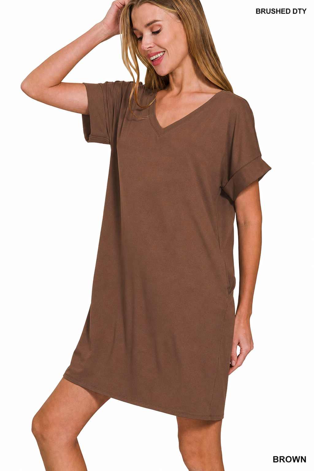 Brushed Dty Rolled Short Sleeve V-neck Dress: BROWN