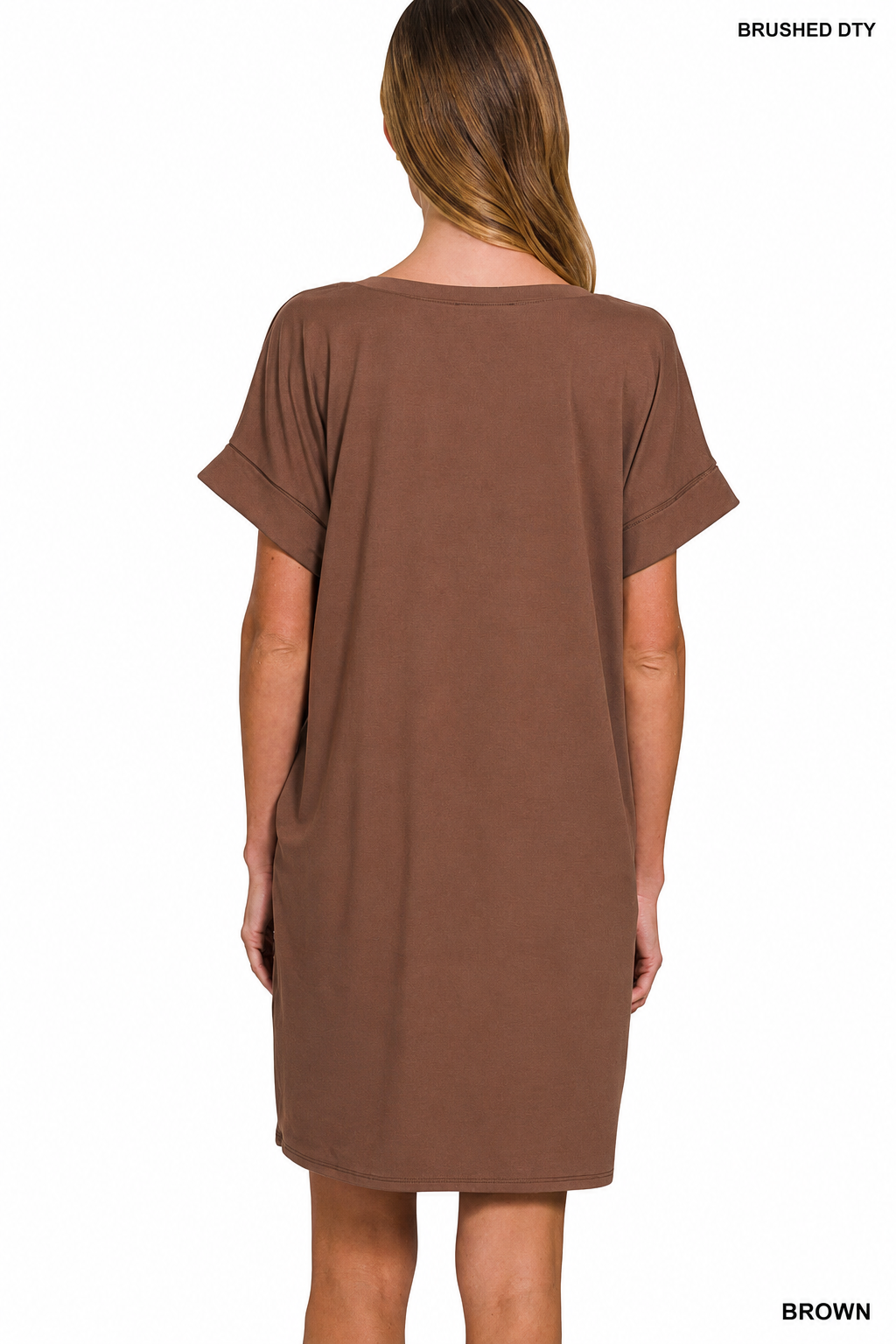 Brushed Dty Rolled Short Sleeve V-neck Dress: BROWN