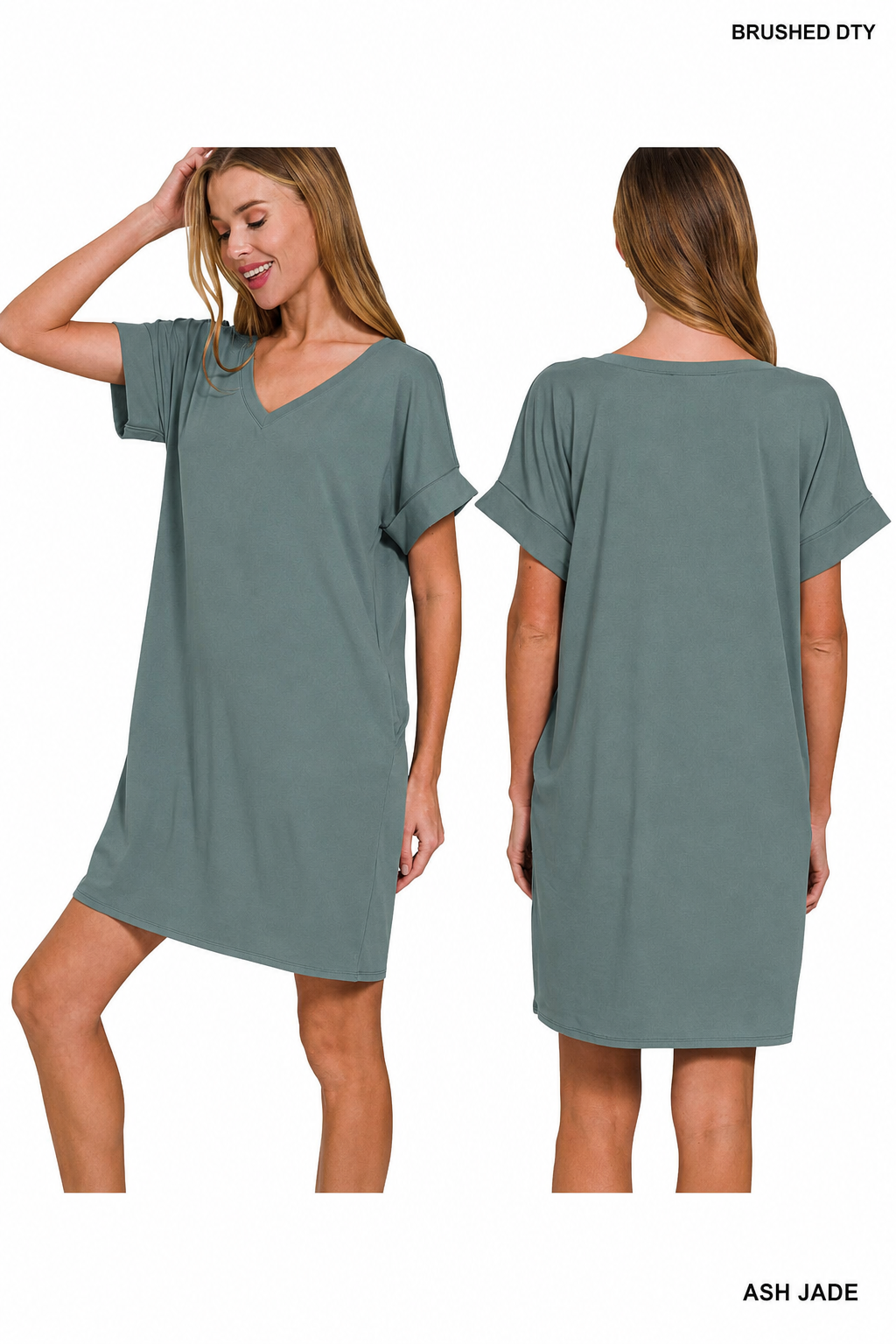 Brushed Dty Rolled Short Sleeve V-neck Dress: ASH JADE