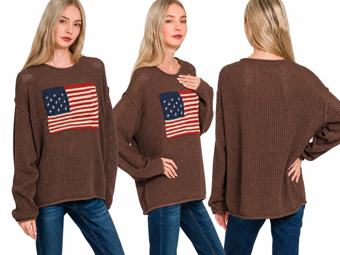 American Flag Crew Neck Sweater: BROWN
