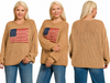 Plus American Flag Crew Neck Sweater: DEEP CAMEL