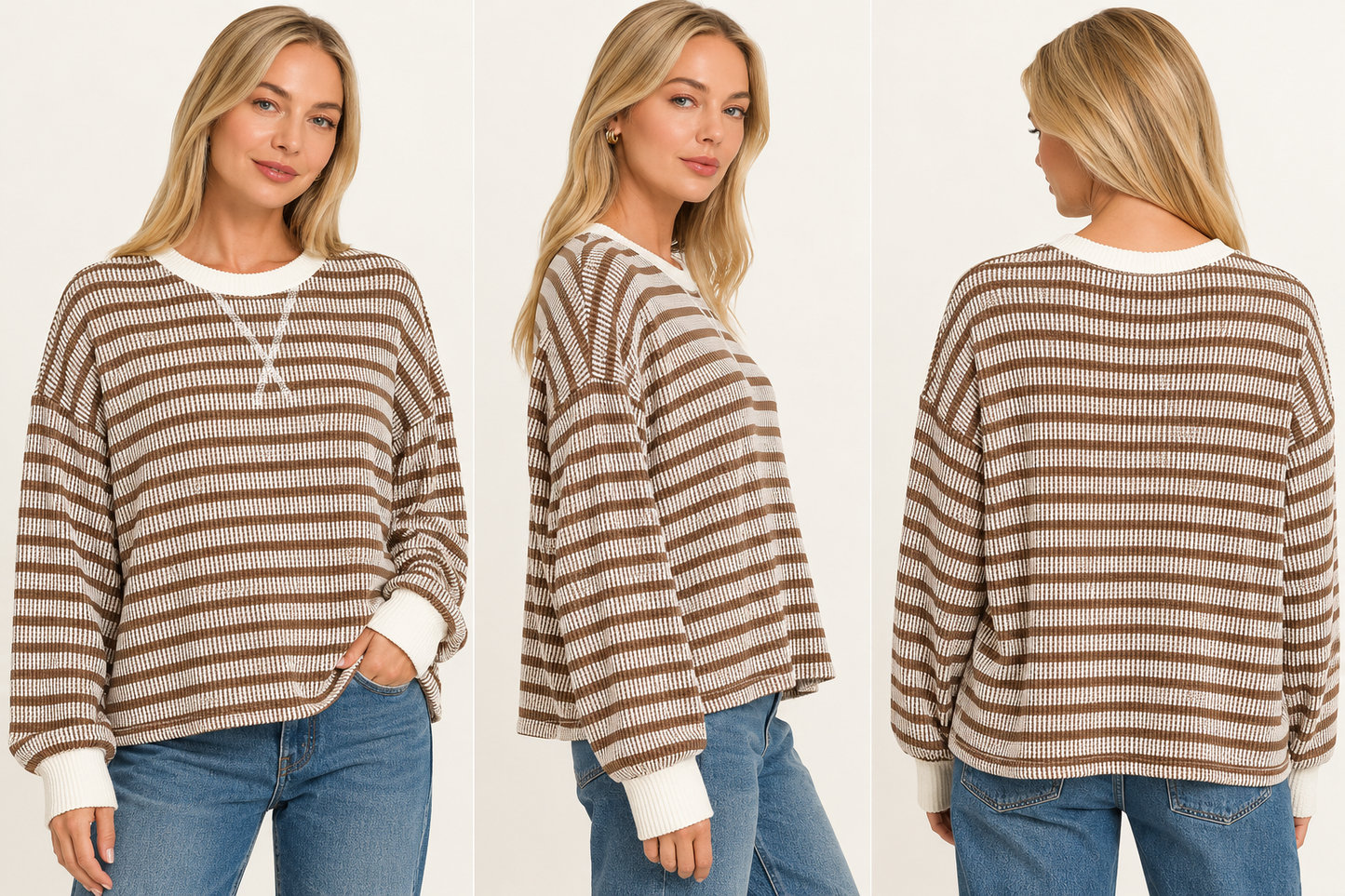 Raised Rib Striped Round Neck Pullover: BROWN