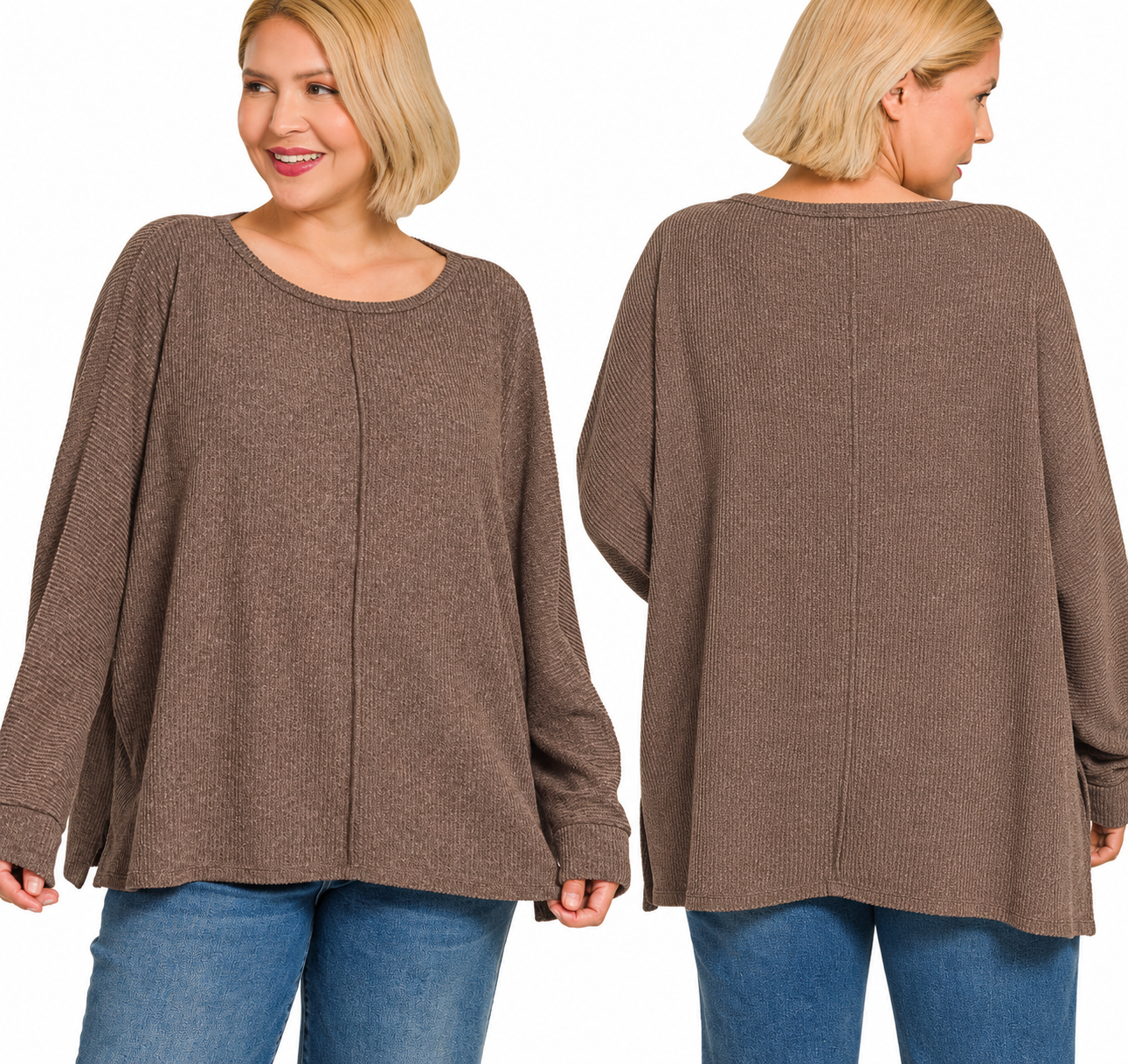 Plus Ribbed Center Seam Dolman Sleeve Top: BROWN