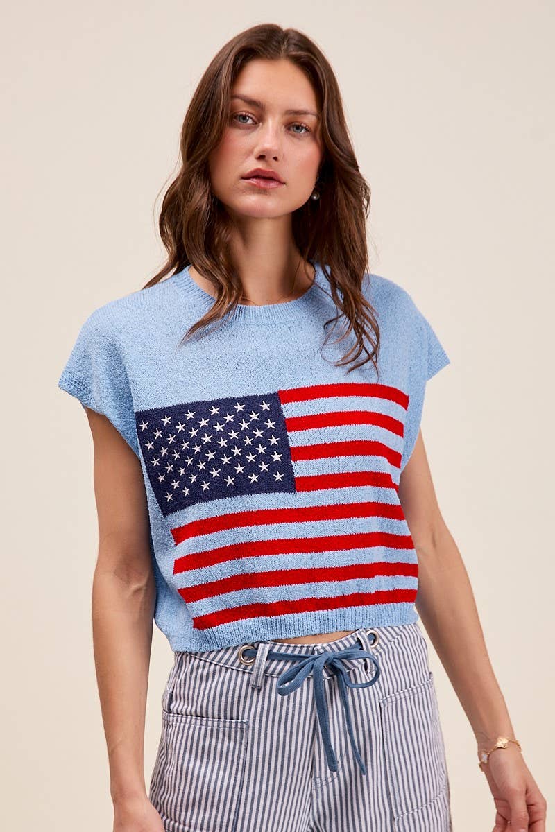 Fourth Of July American Flag Top: LT BLUE