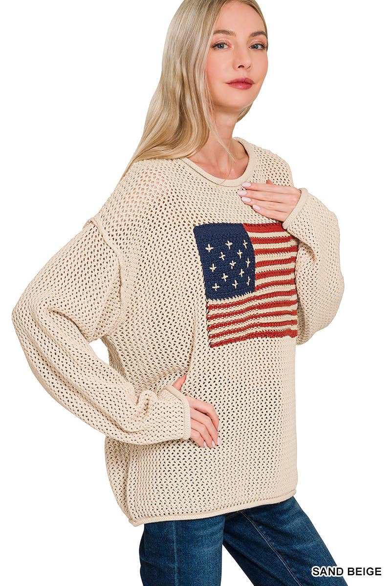 American Flag Crew Neck Sweater: SAND BEIGE