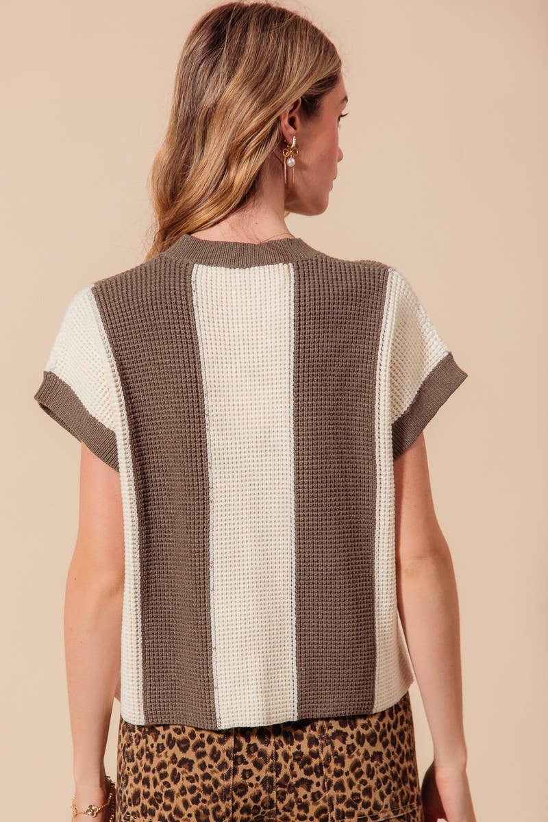 Waffle Textured Sweater Big Stripe Dolman Top: LT OLIVE