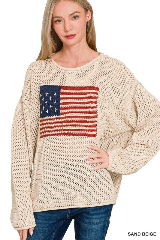 American Flag Crew Neck Sweater: SAND BEIGE