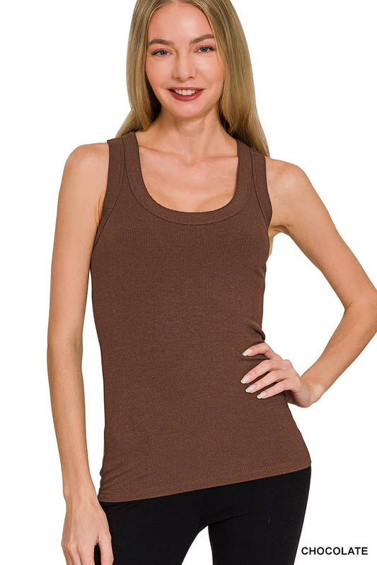 Ribbed Scoop Neck Tank Top: CHOCOLATE