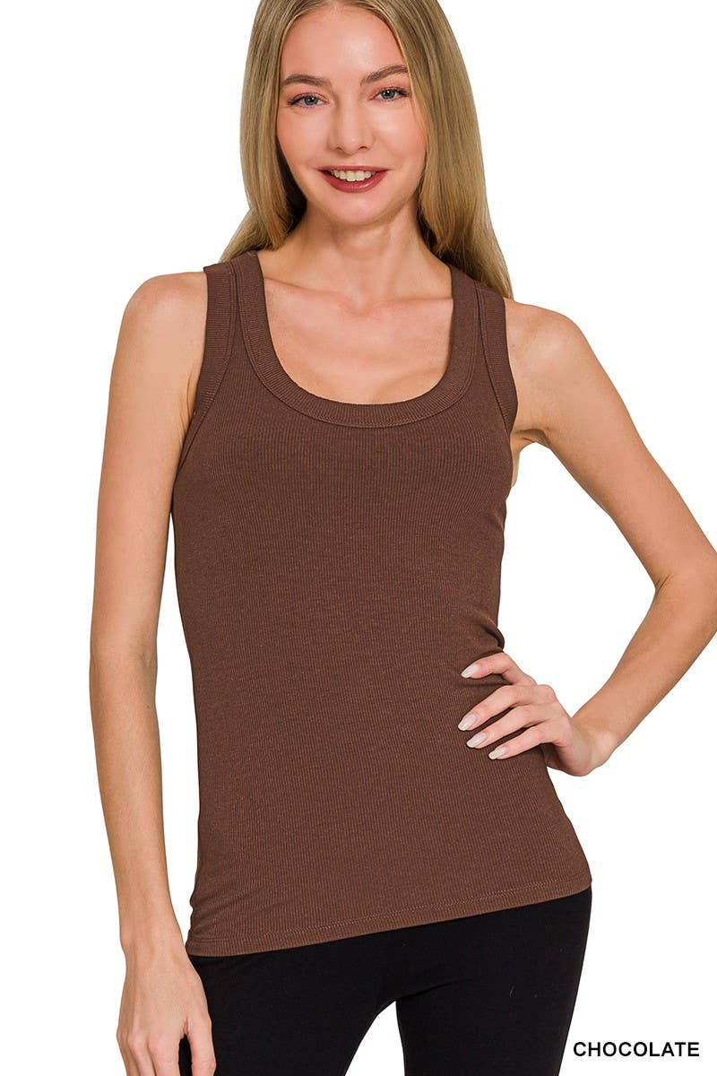 Ribbed Scoop Neck Tank Top: CHOCOLATE