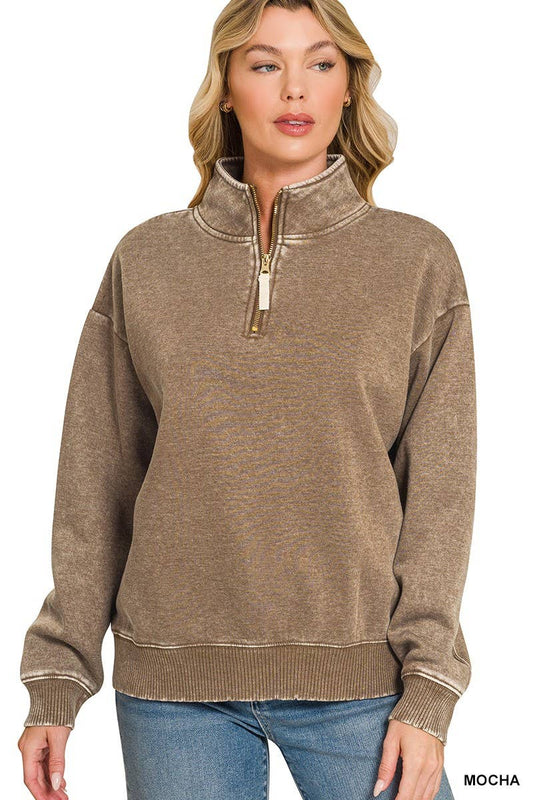 Acid Wash Fleece Half Zip Sweatshirts: MOCHA
