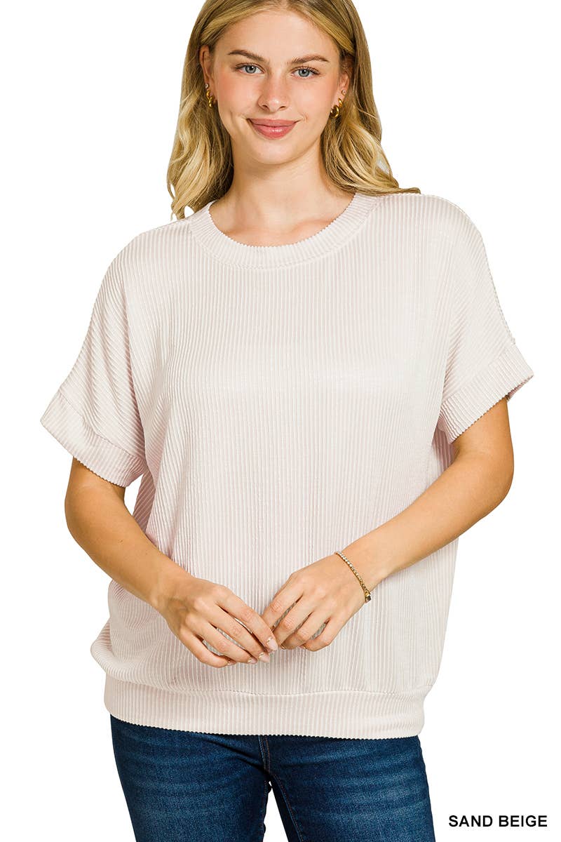 Corded Rib Short Sleeve Top: SAND BEIGE